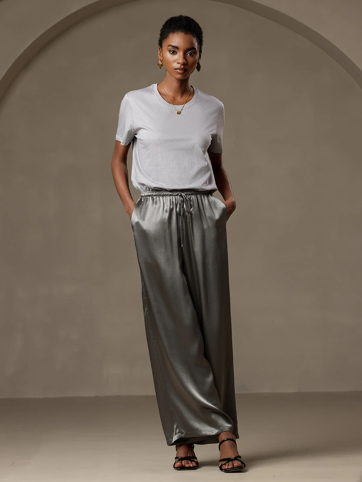 Pure Silk Wide Leg Women's Pants with Elastic Waist Design - Image 6