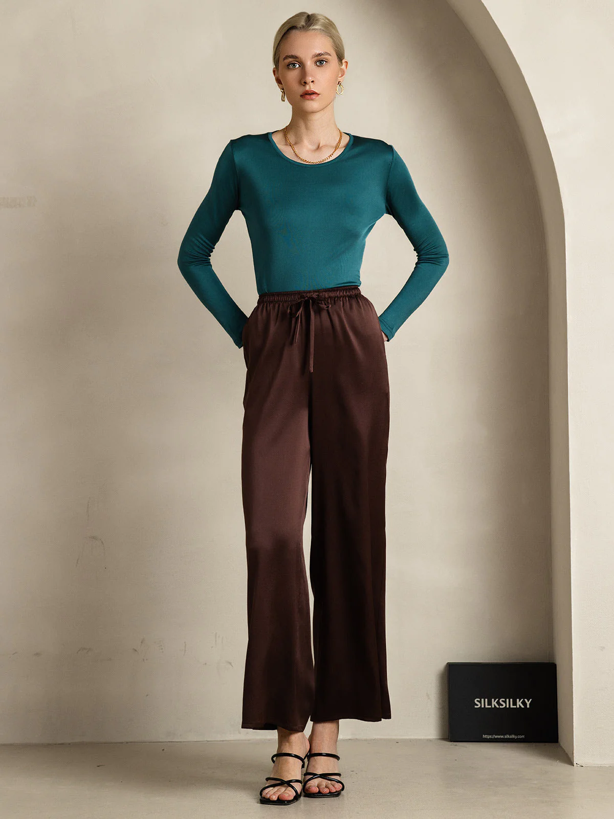 Pure Silk Wide Leg Women's Pants with Elastic Waist Design - Image 69