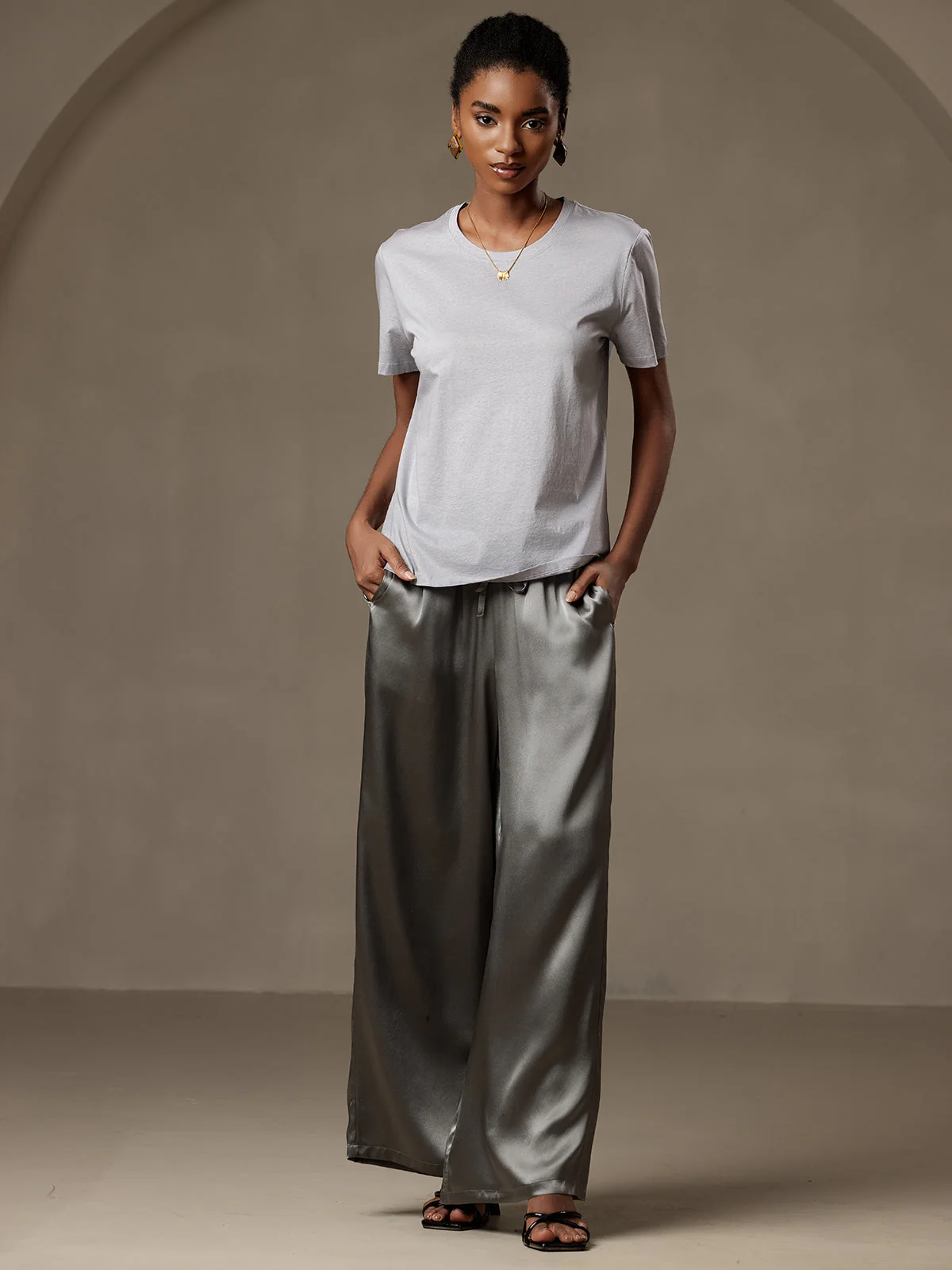 Pure Silk Wide Leg Women's Pants with Elastic Waist Design - Image 7