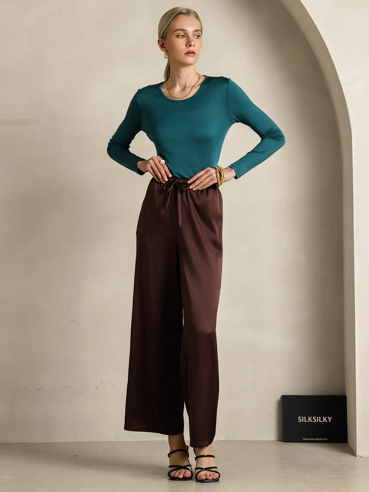Pure Silk Wide Leg Women's Pants with Elastic Waist Design - Image 70