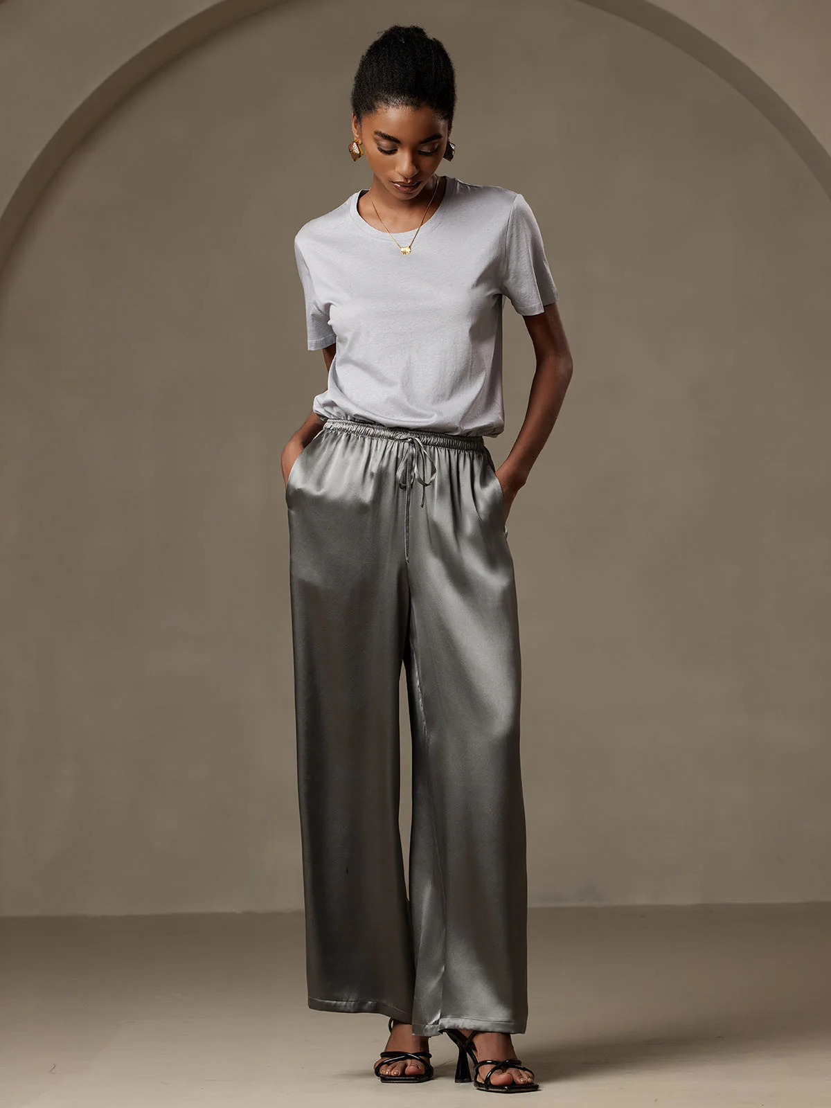 Pure Silk Wide Leg Women's Pants with Elastic Waist Design - Image 8