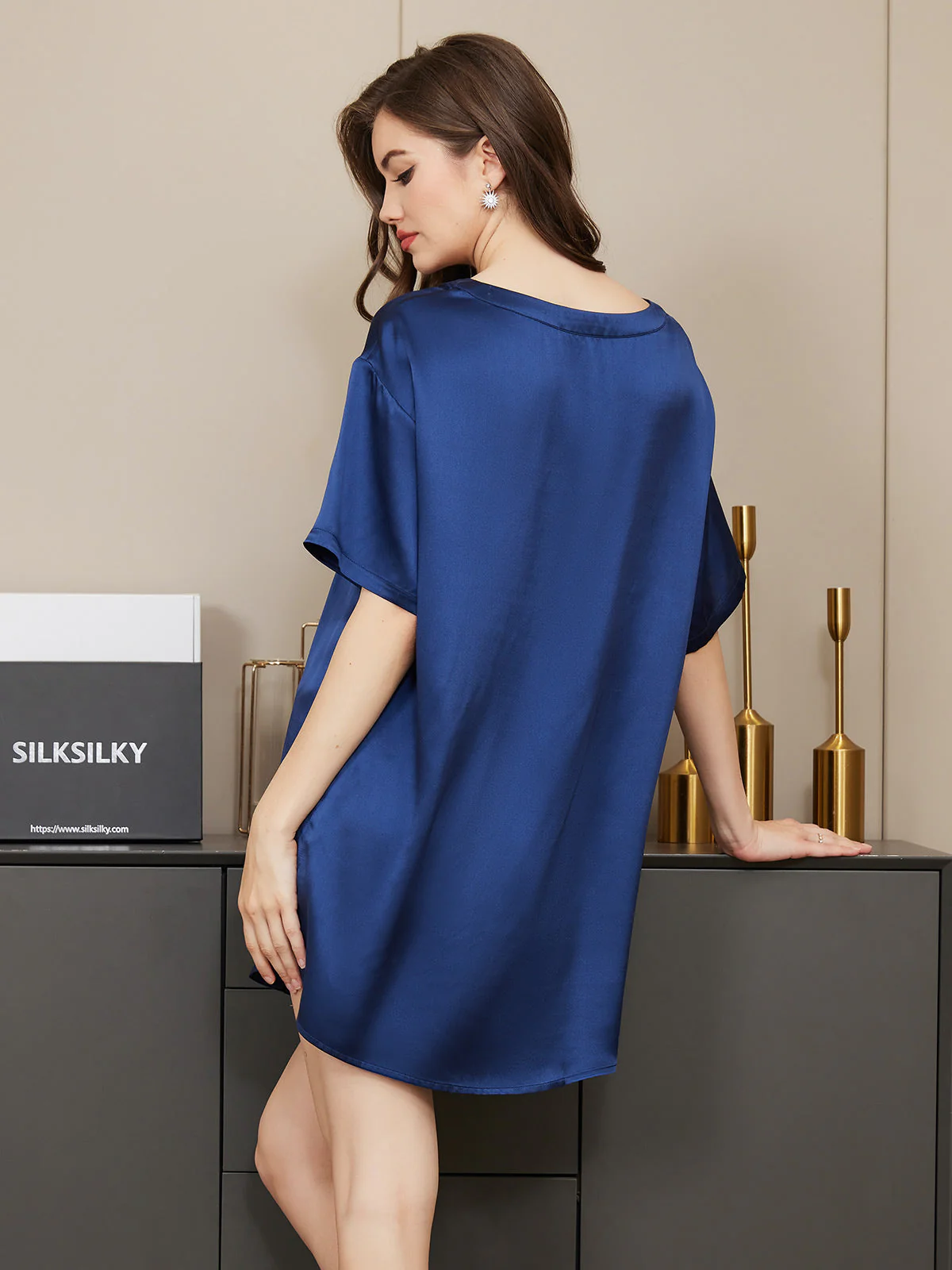 Pure Silk Short Sleeve Round Neck Womens Sleep Tee (Shorts Not Included) - Image 17