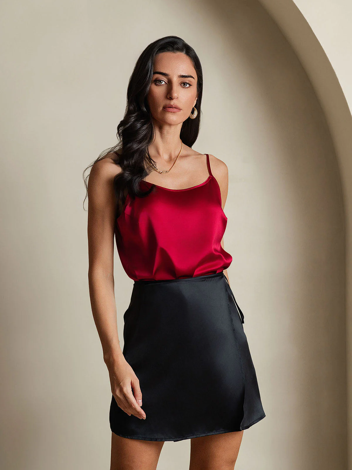 Pure Silk A Line Wrap Mini Skirt with Tie Waist Design - Image 3