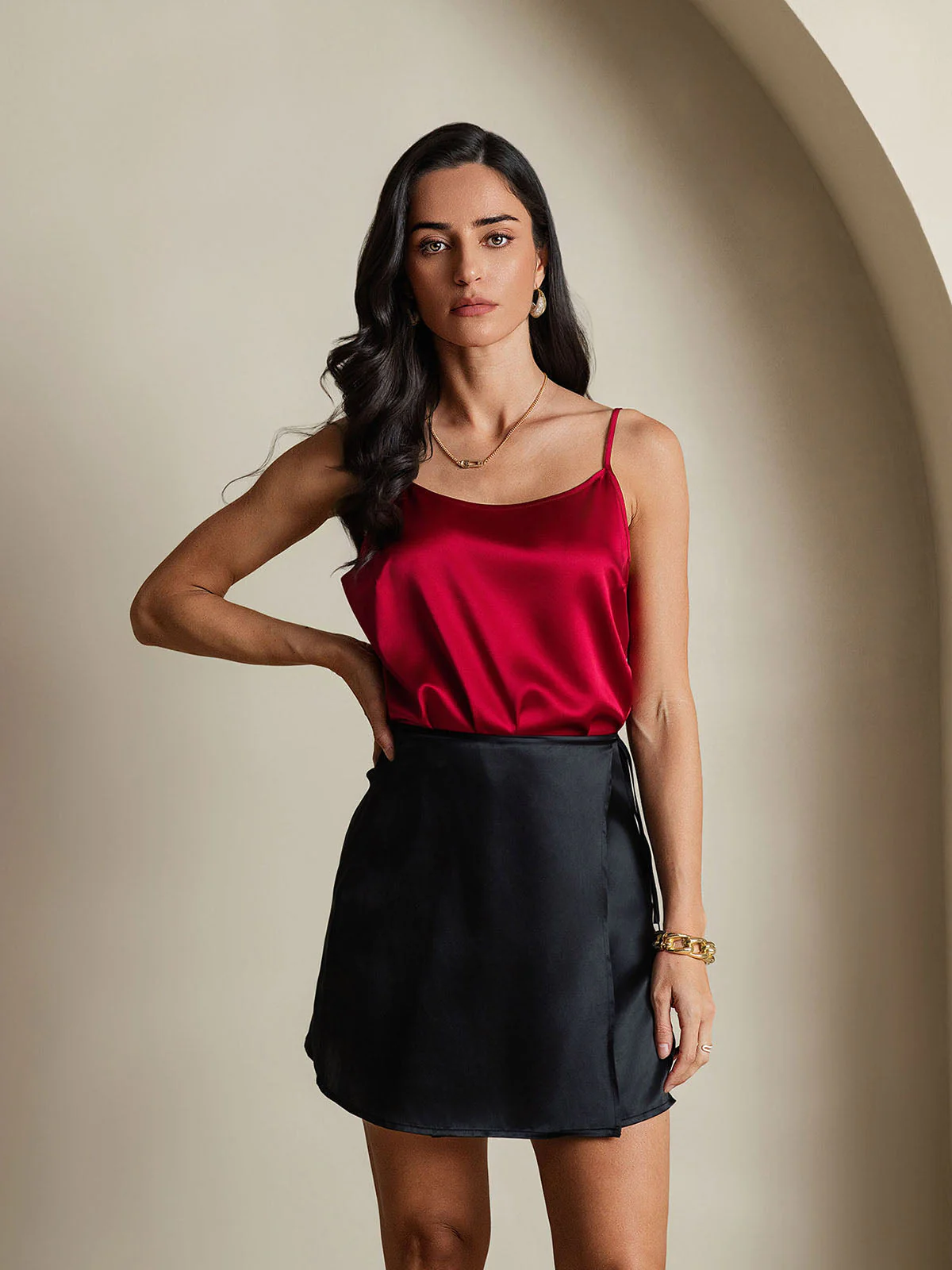Pure Silk A Line Wrap Mini Skirt with Tie Waist Design - Image 4