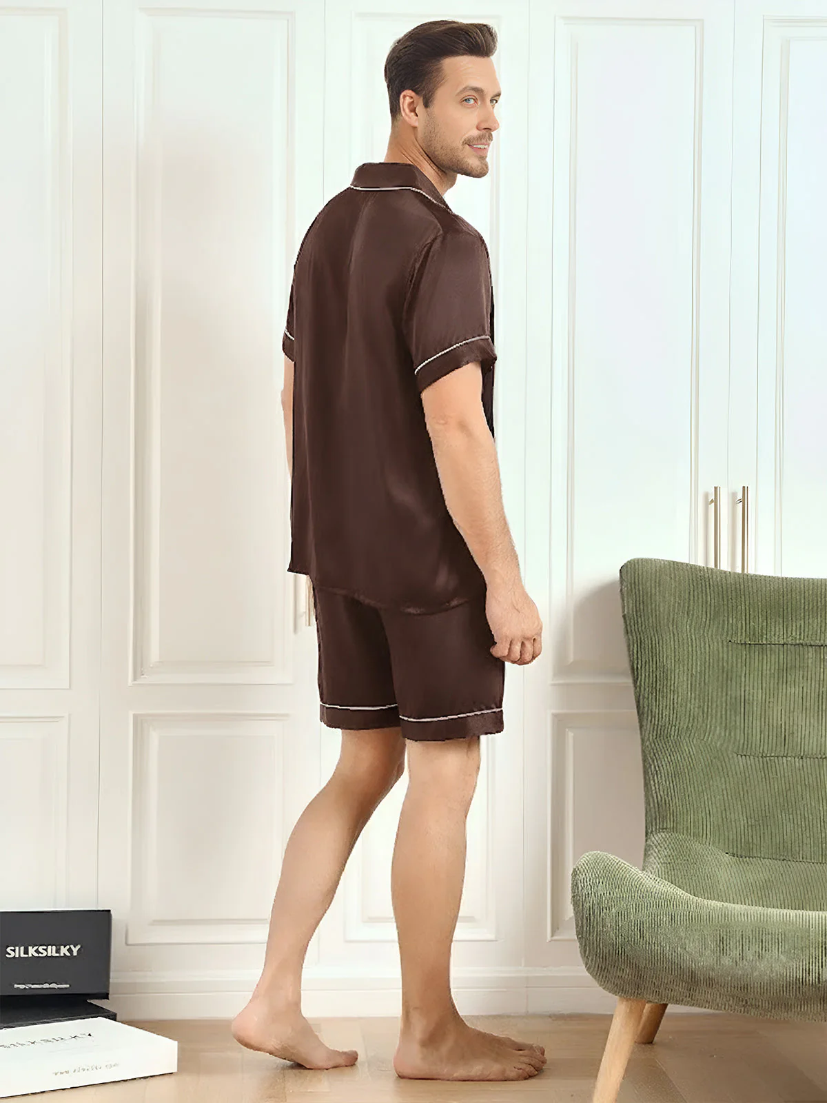 Pure Silk Short Sleeve Notch Collar Men's Pyjamas Set with Shorts - Image 20