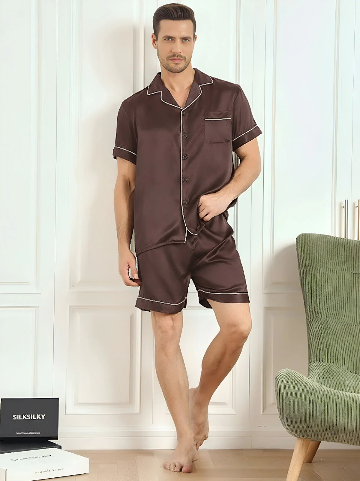 Pure Silk Short Sleeve Notch Collar Men's Pyjamas Set with Shorts - Image 22