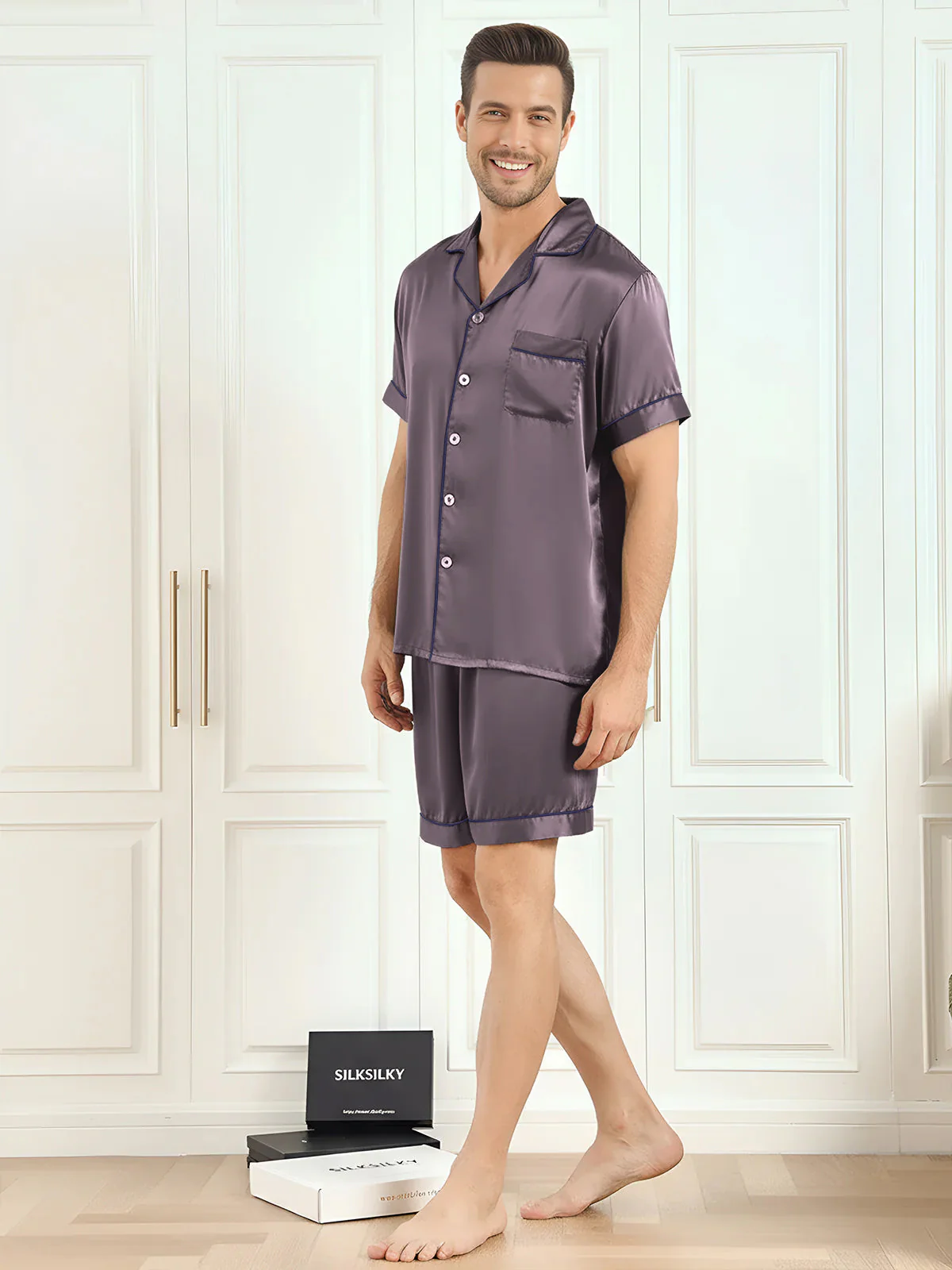 Pure Silk Short Sleeve Notch Collar Men's Pyjamas Set with Shorts - Image 28