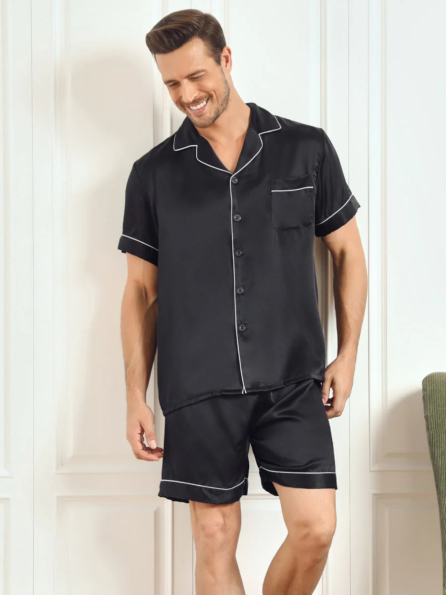 Pure Silk Short Sleeve Notch Collar Men's Pyjamas Set with Shorts - Image 6