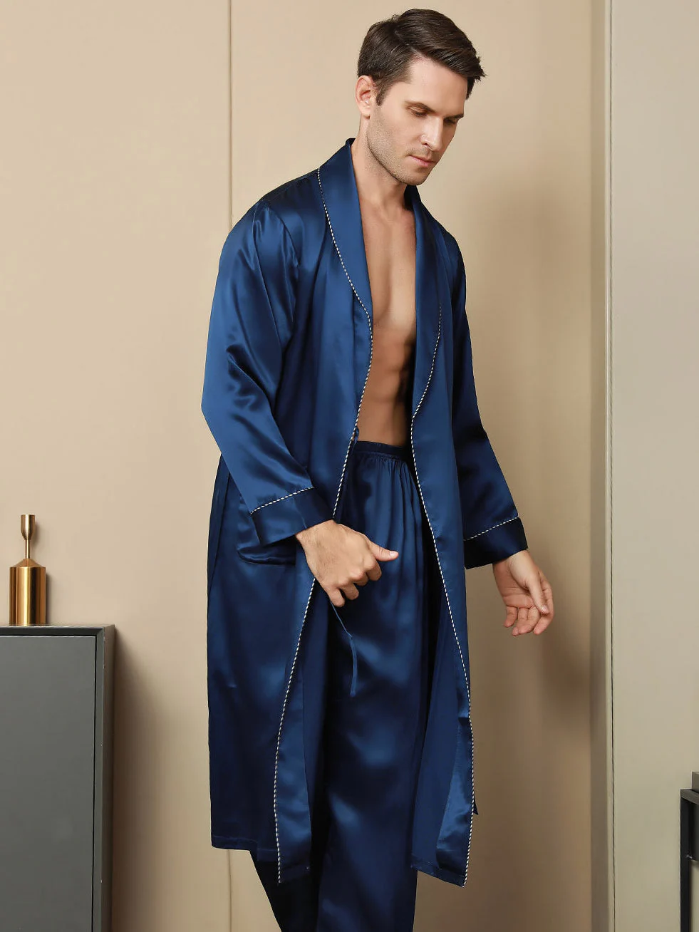 Pure Silk Contrast Piping Belted Dressing Gowns (Without Pants) - Image 3