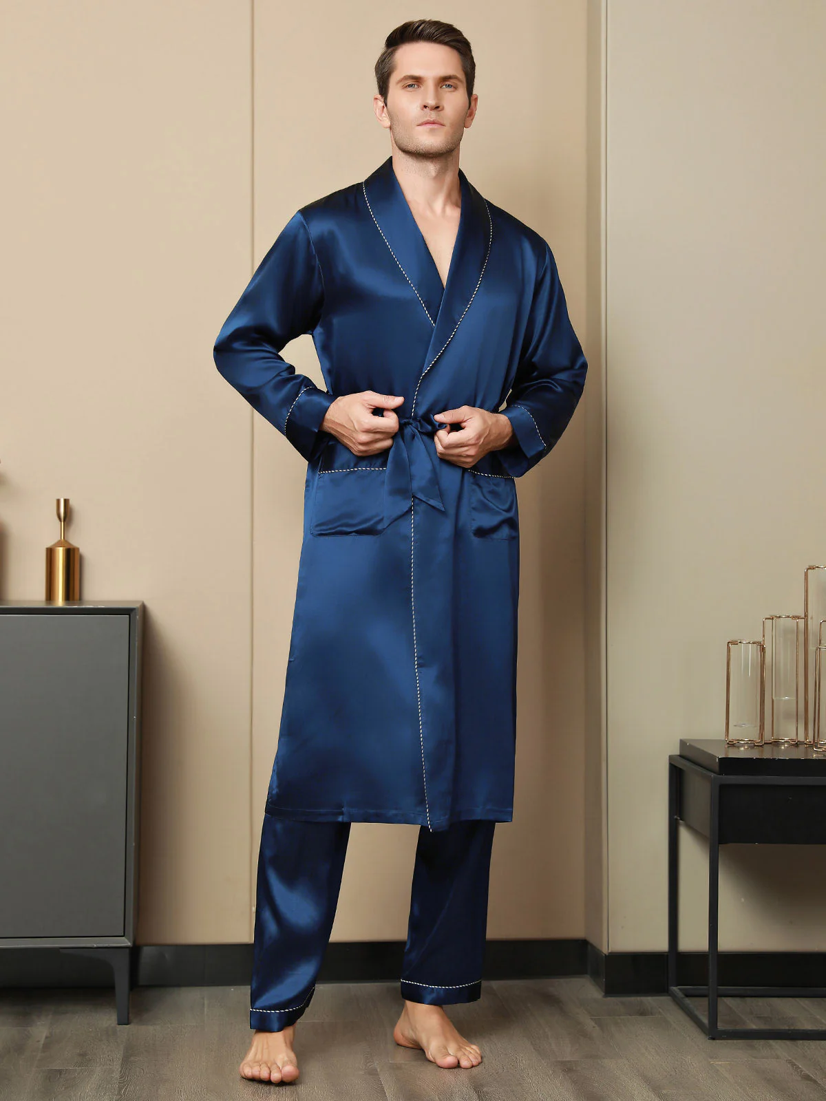 Pure Silk Contrast Piping Belted Dressing Gowns (Without Pants) - Image 4