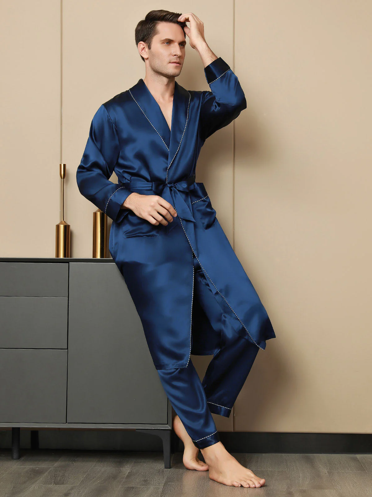 Pure Silk Contrast Piping Belted Dressing Gowns (Without Pants) - Image 5