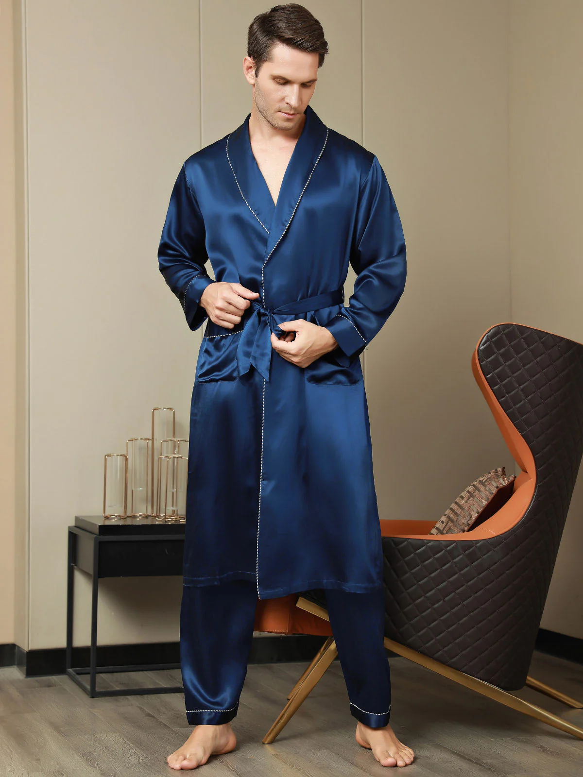Pure Silk Contrast Piping Belted Dressing Gowns (Without Pants) - Image 6