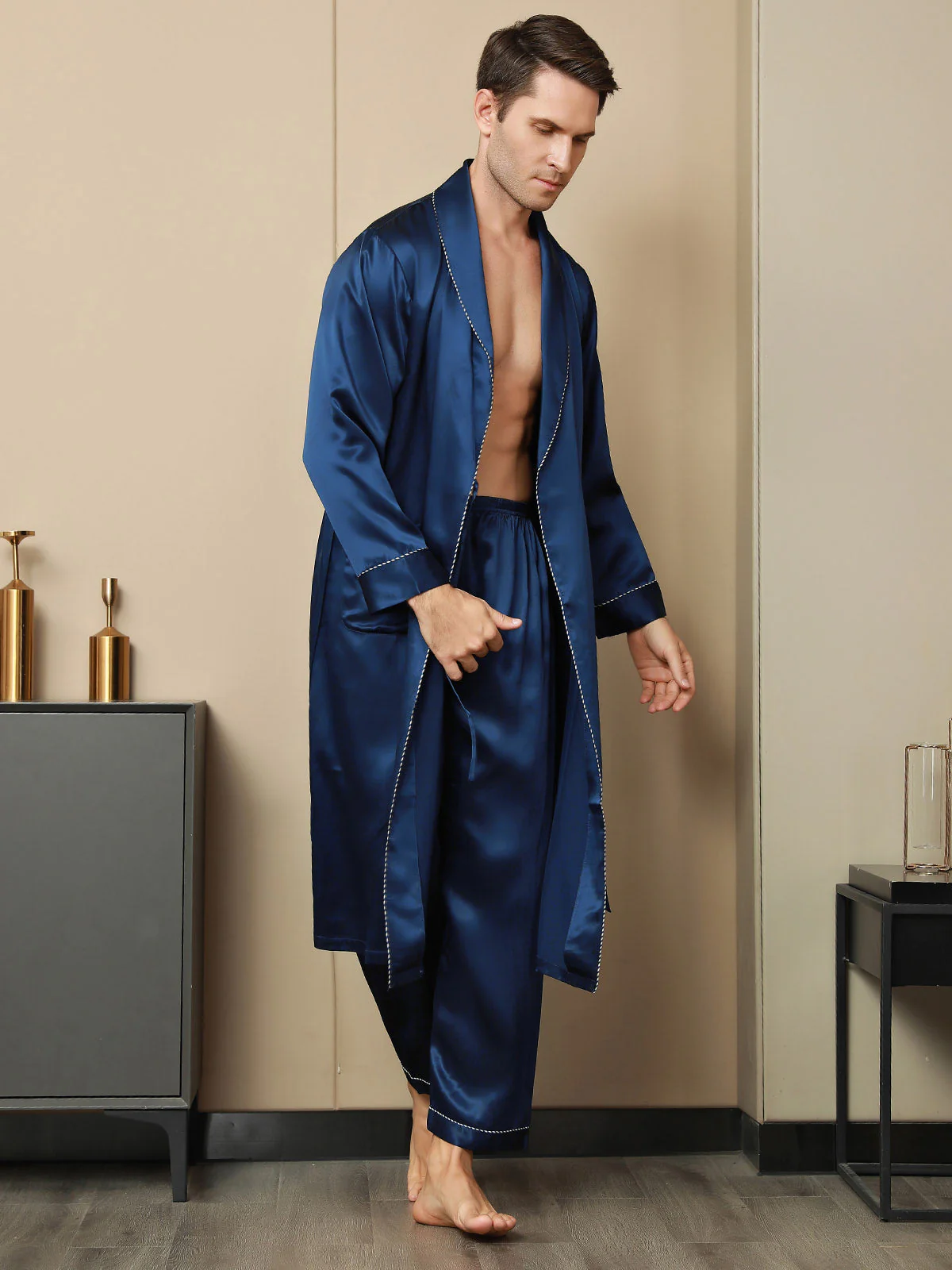 Pure Silk Contrast Piping Belted Dressing Gowns (Without Pants) - Image 9
