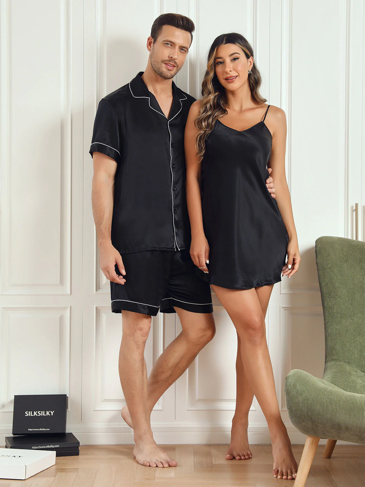 Pure Silk Couple Short Pyjama Set & Slip Nightdress - Image 9