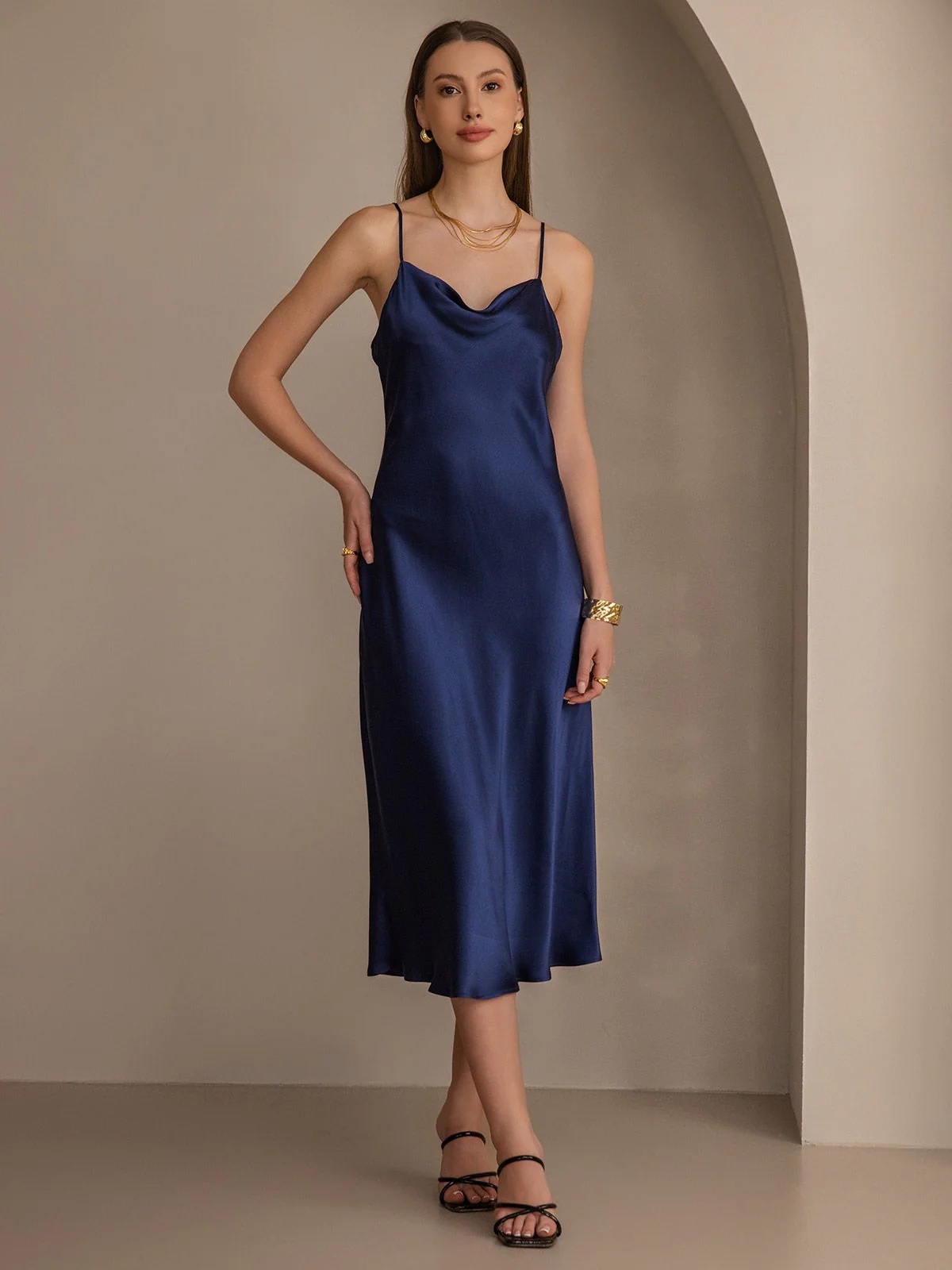 Pure Silk Cowl Neck Midi Dress - Image 17