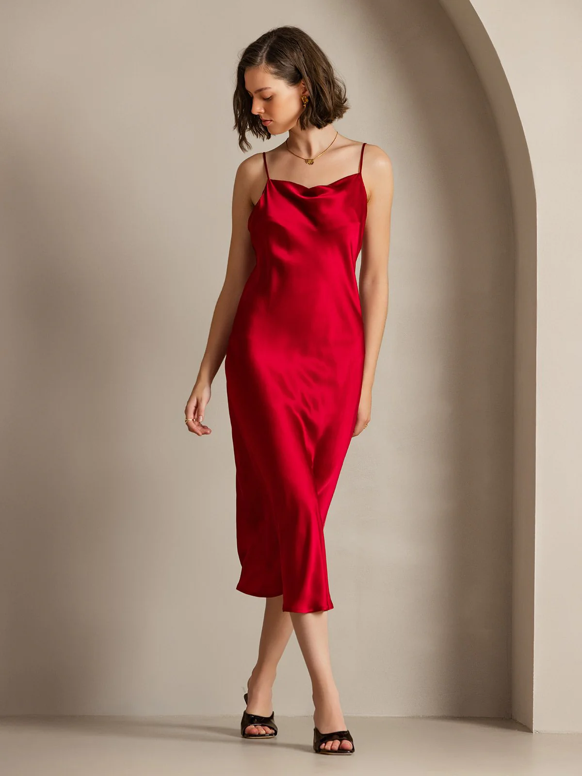 Pure Silk Cowl Neck Midi Dress - Image 33