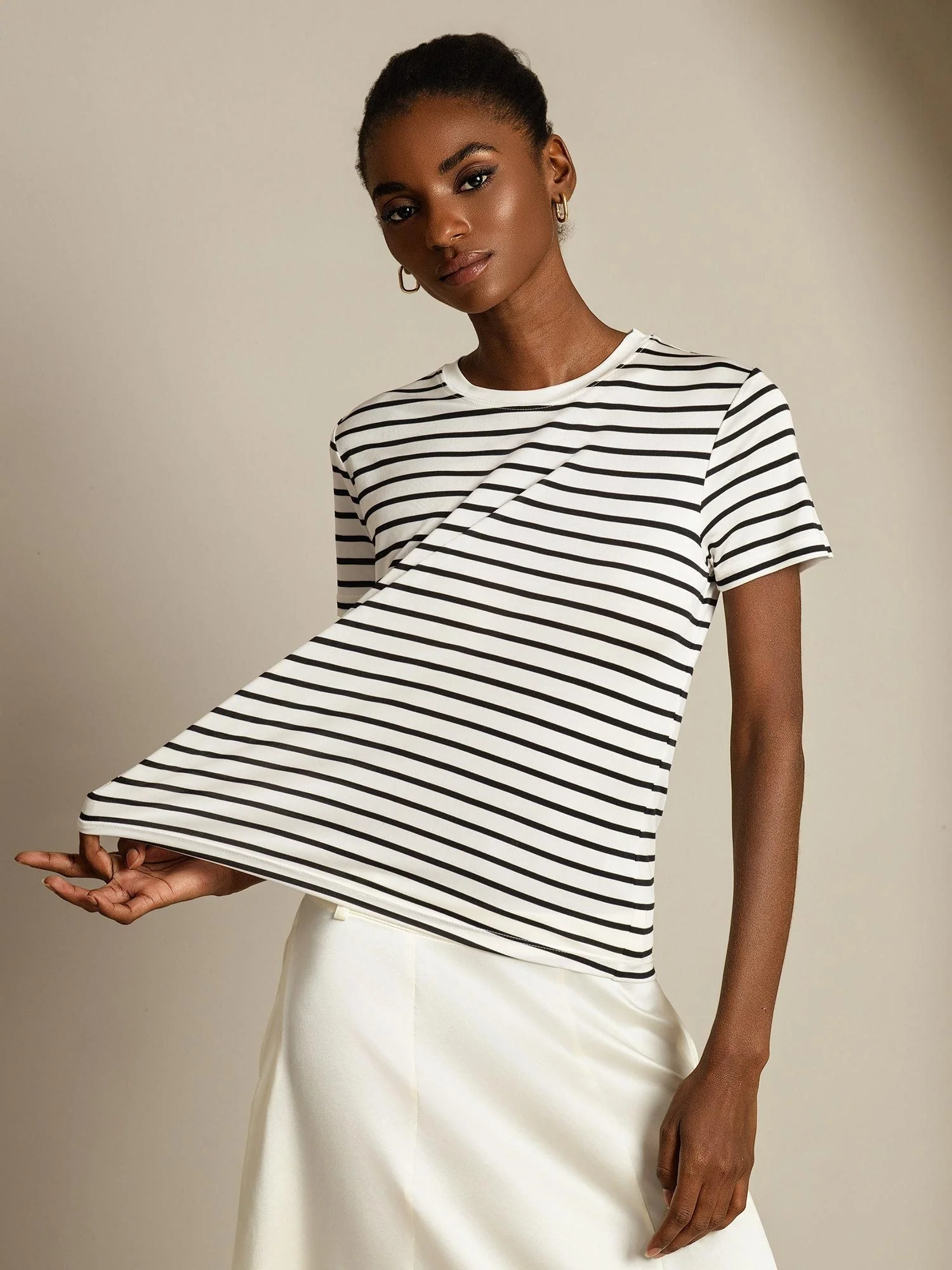 Pure Silk Crew Neck Short Sleeve Women's Sport Stripe Print T-Shirt