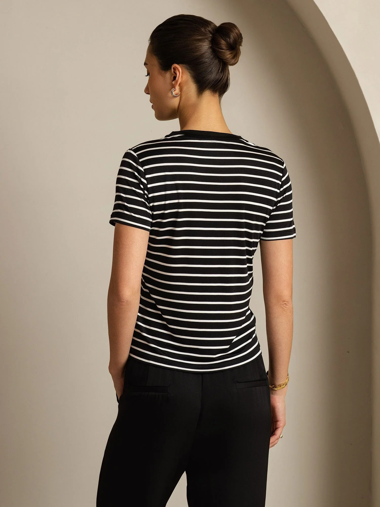 Pure Silk Crew Neck Short Sleeve Women's Sport Stripe Print T-Shirt - Image 10