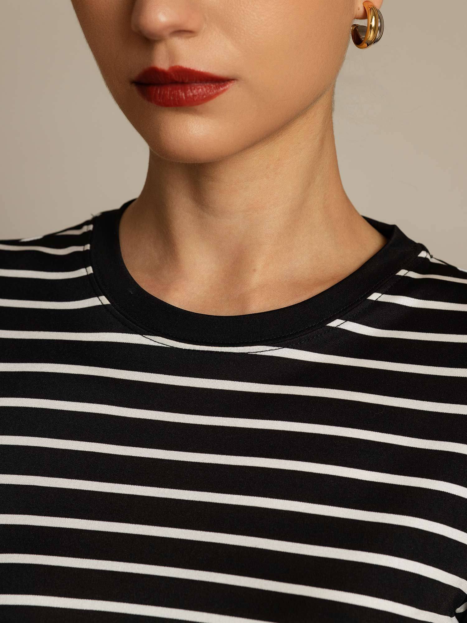 Pure Silk Crew Neck Short Sleeve Women's Sport Stripe Print T-Shirt - Image 12
