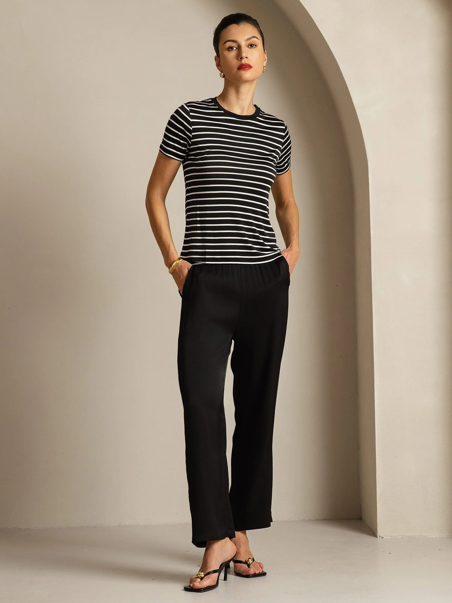Pure Silk Crew Neck Short Sleeve Women's Sport Stripe Print T-Shirt - Image 14