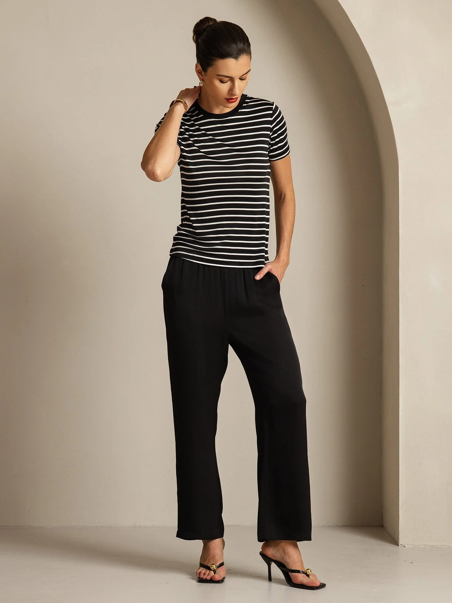 Pure Silk Crew Neck Short Sleeve Women's Sport Stripe Print T-Shirt - Image 15