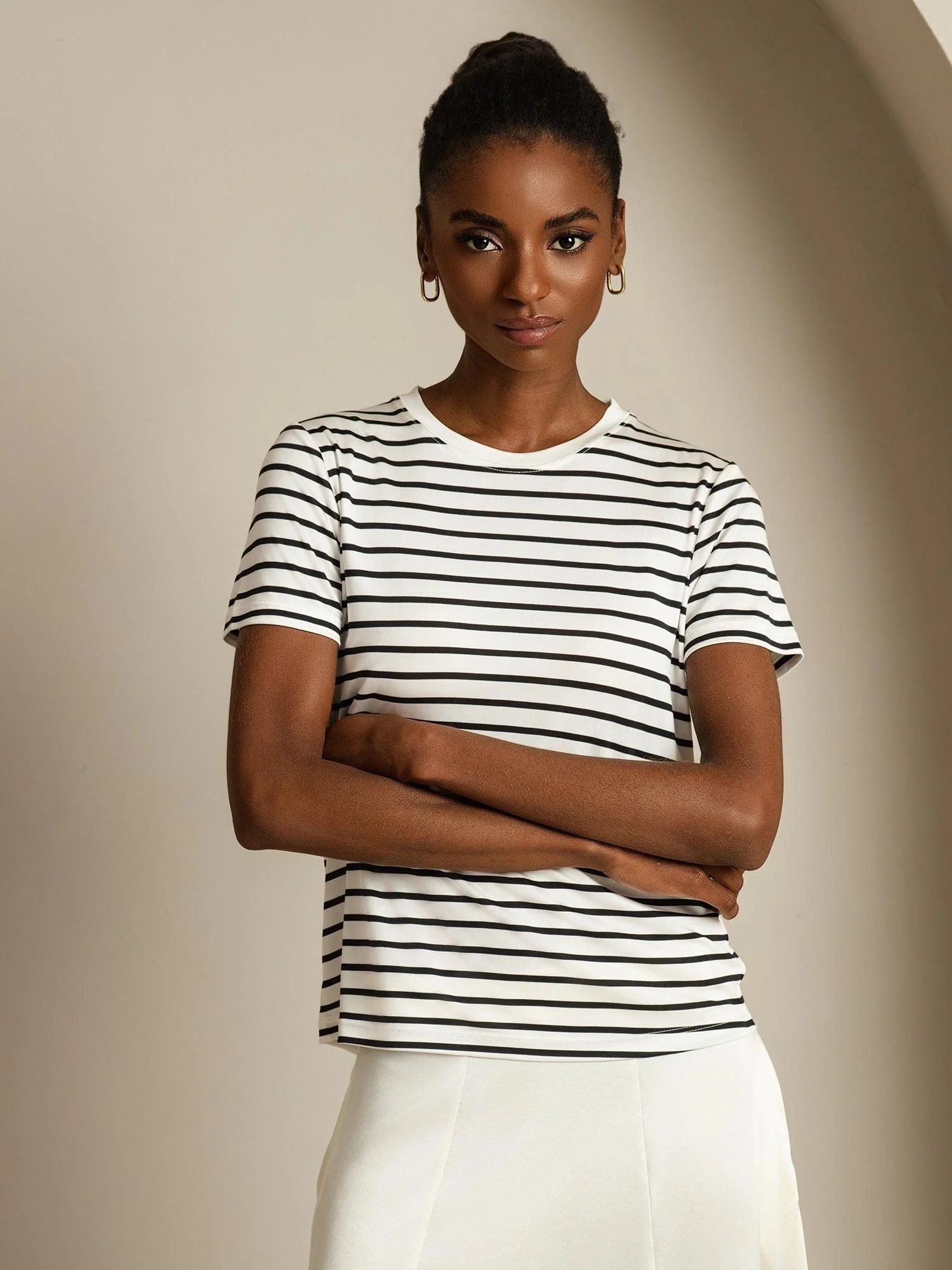 Pure Silk Crew Neck Short Sleeve Women's Sport Stripe Print T-Shirt - Image 5
