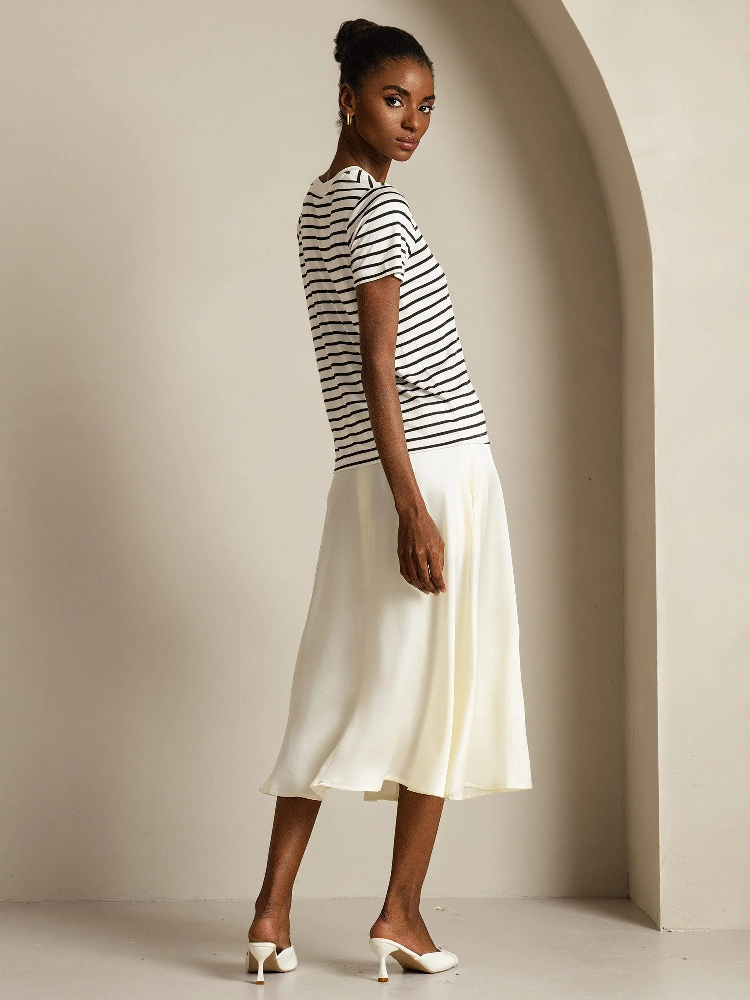 Pure Silk Crew Neck Short Sleeve Women's Sport Stripe Print T-Shirt - Image 6