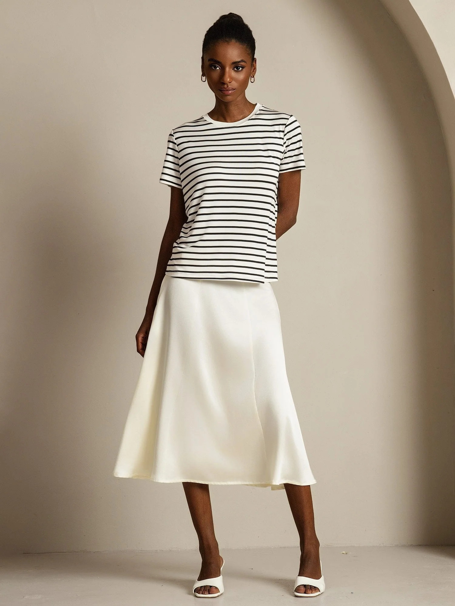 Pure Silk Crew Neck Short Sleeve Women's Sport Stripe Print T-Shirt - Image 7