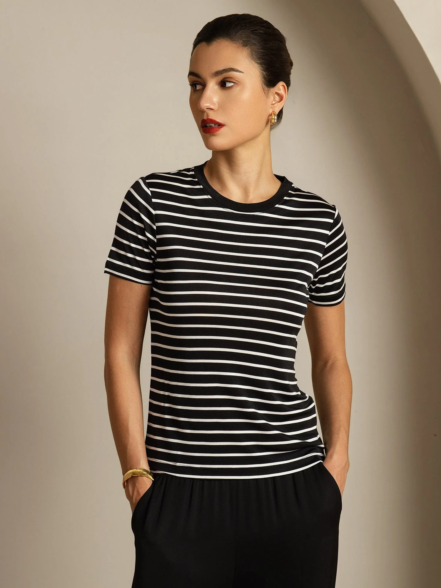 Pure Silk Crew Neck Short Sleeve Women's Sport Stripe Print T-Shirt - Image 9