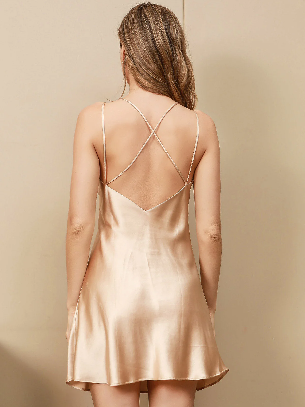 Pure Silk Spaghetti Strap V-neck Short Nightdress with Criss Cross Back Design - Image 29