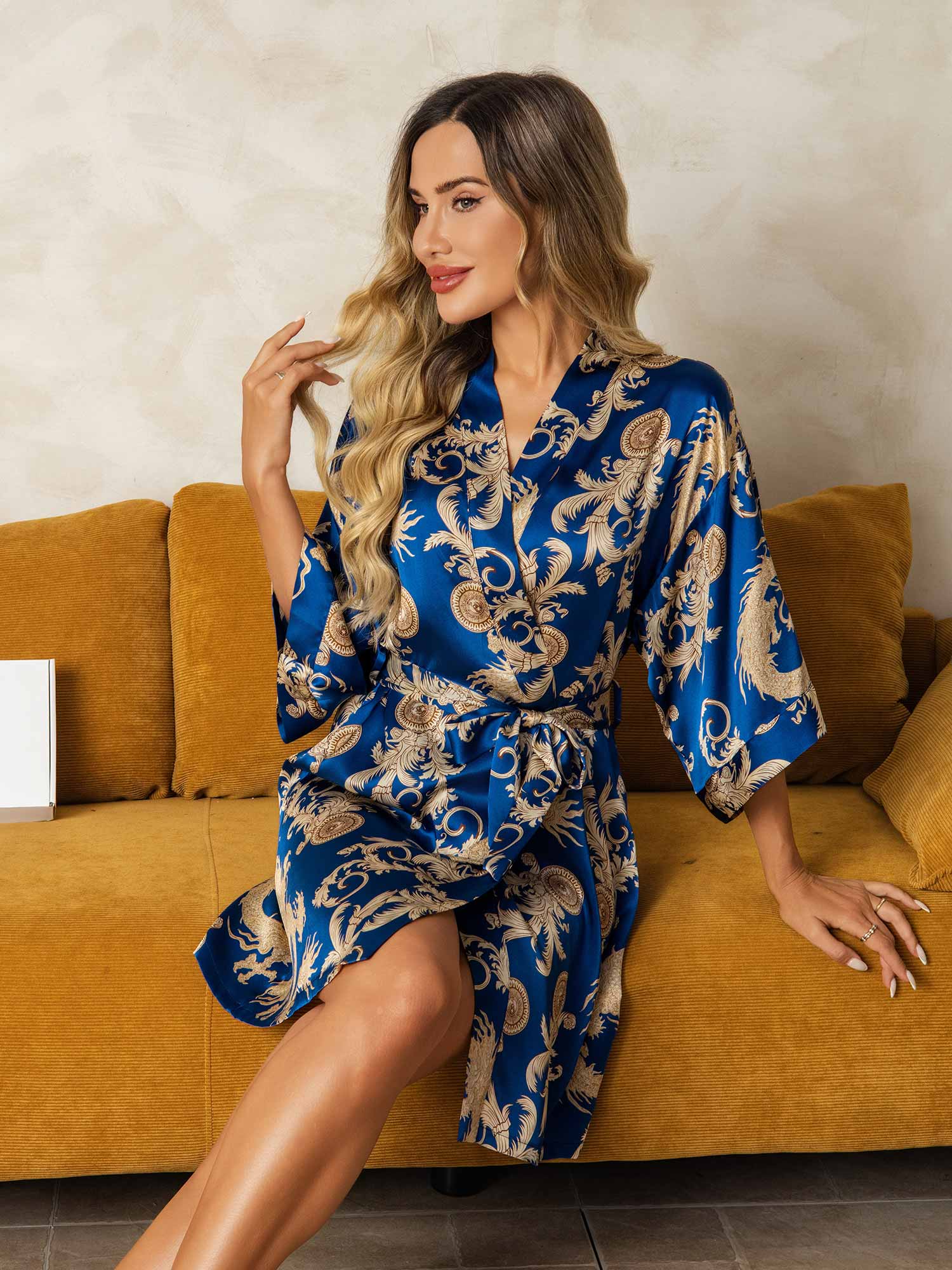 Pure Silk Dragon Print 3/4 Sleeve Women's Kimono Dressing Gown With Belt - Image 4