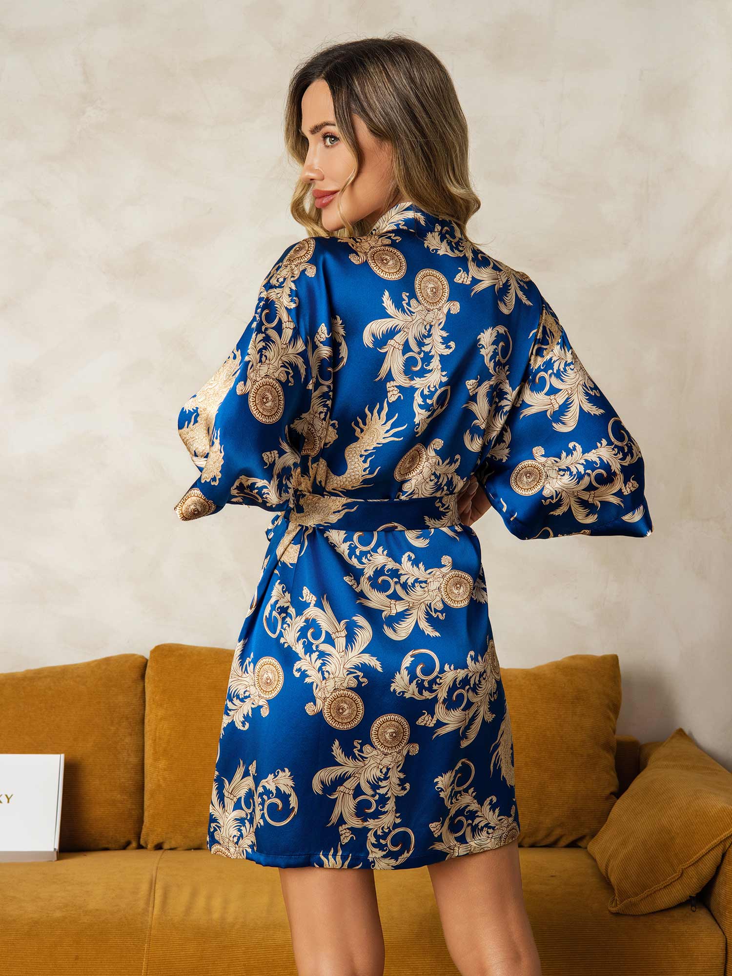 Pure Silk Dragon Print 3/4 Sleeve Women's Kimono Dressing Gown With Belt - Image 9