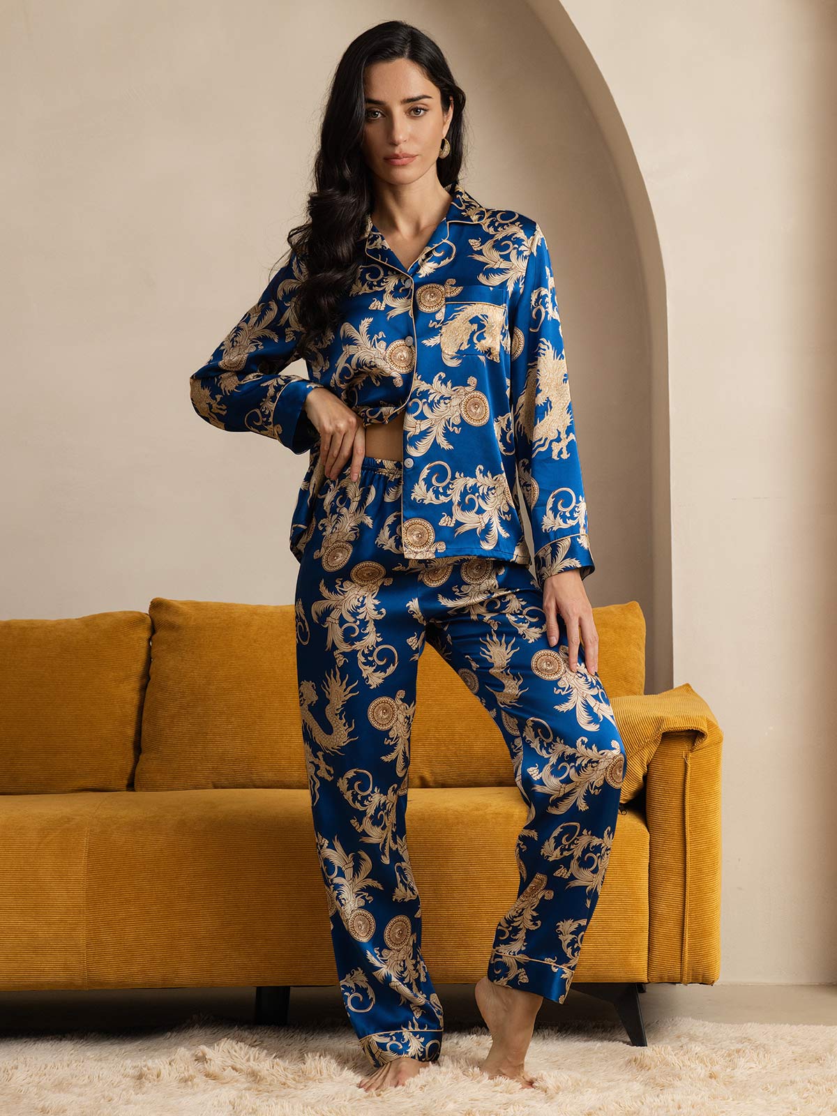 Pure Silk Dragon Print Long Sleeve Notch Collar Women's Pyjamas Set With Pants - Image 11