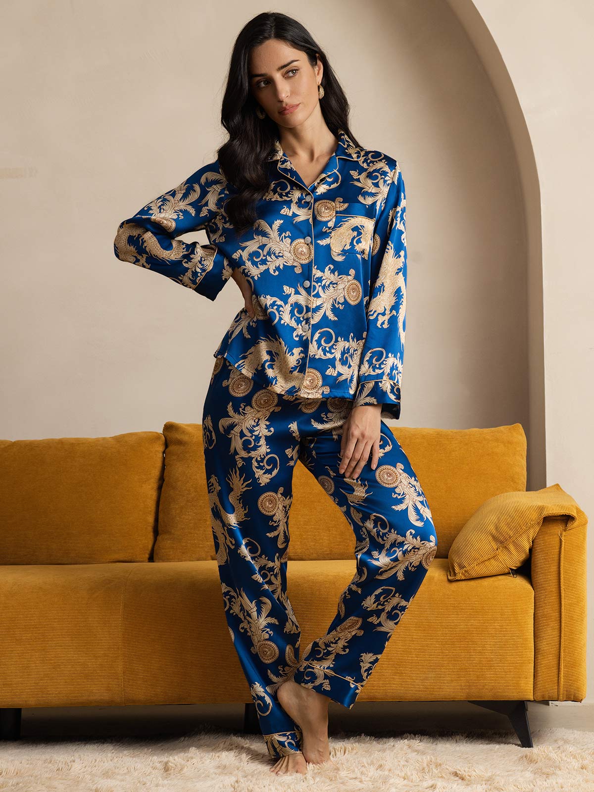 Pure Silk Dragon Print Long Sleeve Notch Collar Women's Pyjamas Set With Pants - Image 13