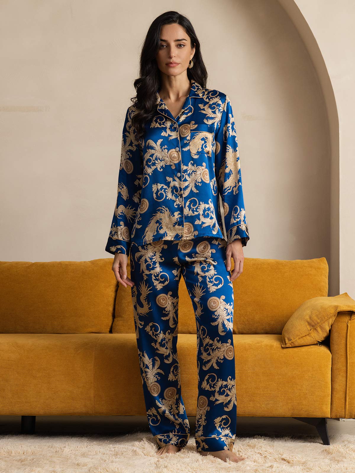 Pure Silk Dragon Print Long Sleeve Notch Collar Women's Pyjamas Set With Pants - Image 14