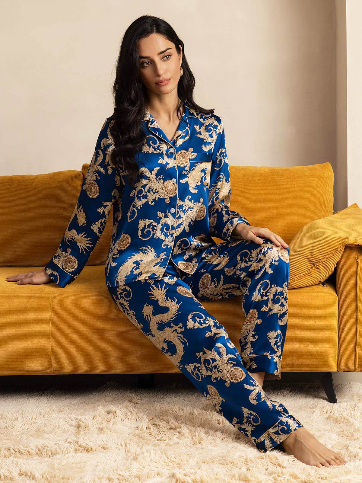 Pure Silk Dragon Print Long Sleeve Notch Collar Women's Pyjamas Set With Pants - Image 8