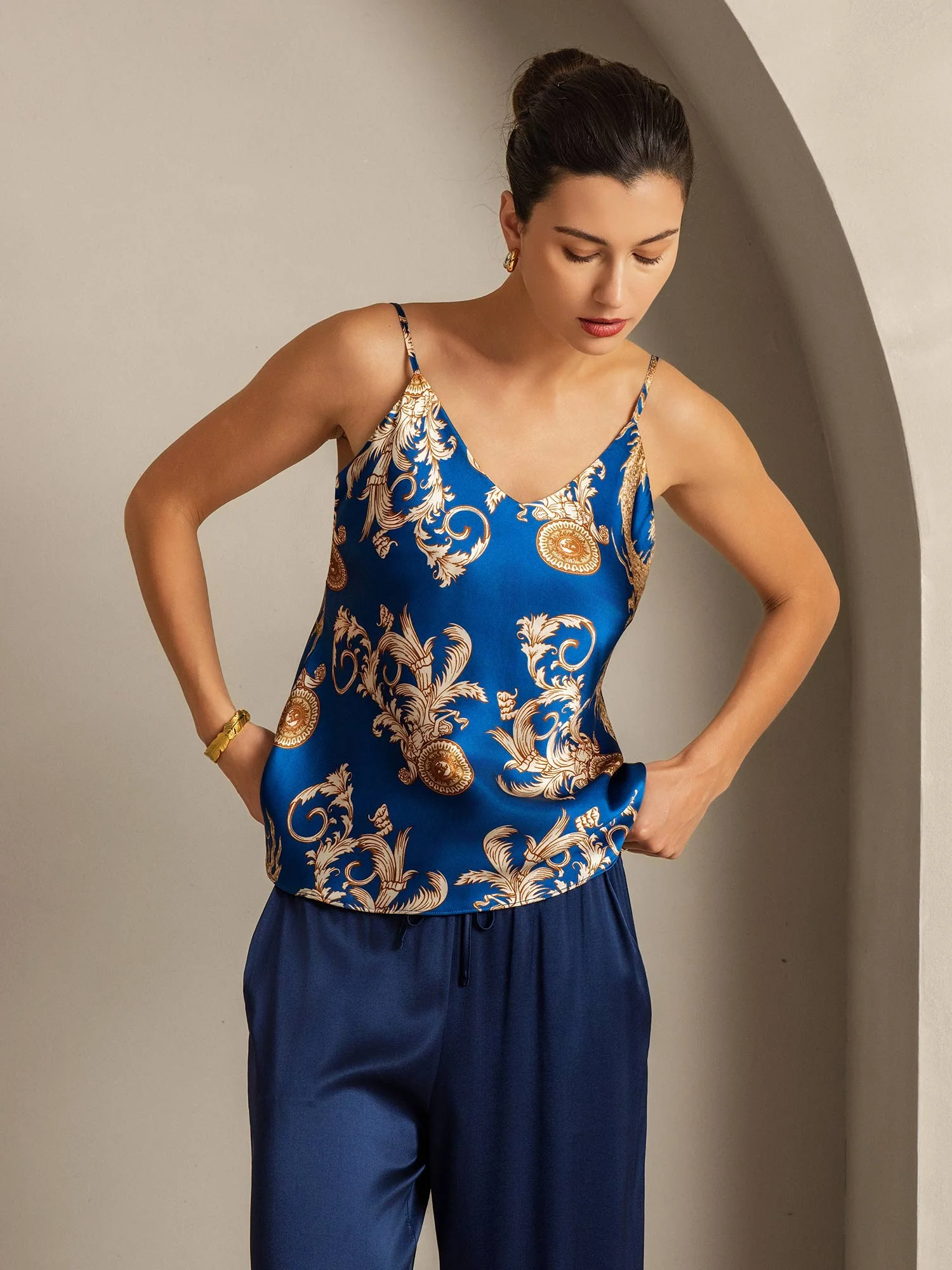 Pure Silk Dragon Print Spaghetti Strap V Neck Camisoles - Image 7