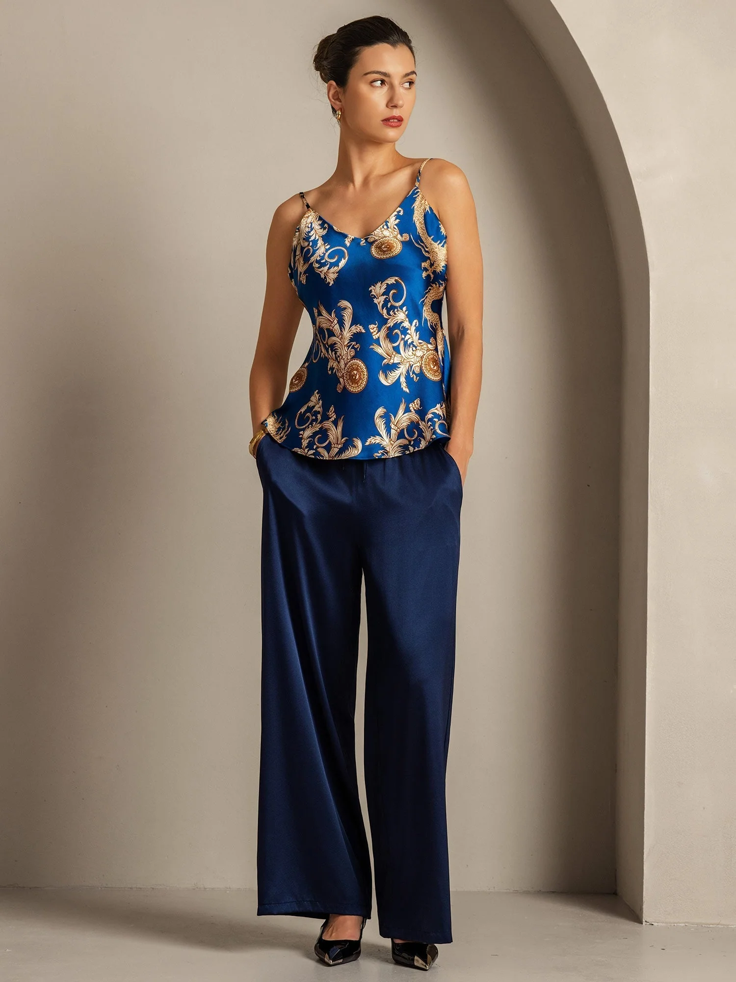 Pure Silk Dragon Print Spaghetti Strap V Neck Camisoles - Image 8