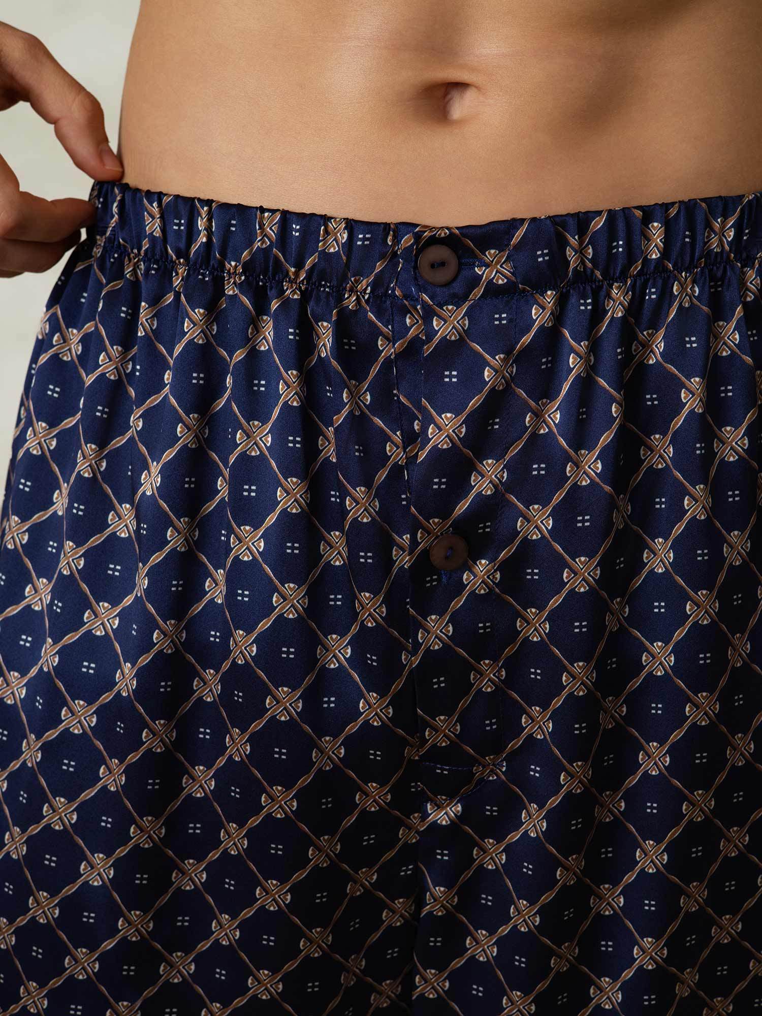 Pure Silk Elastic Waist Navy Chain Print Men's Sleep Shorts - Image 6