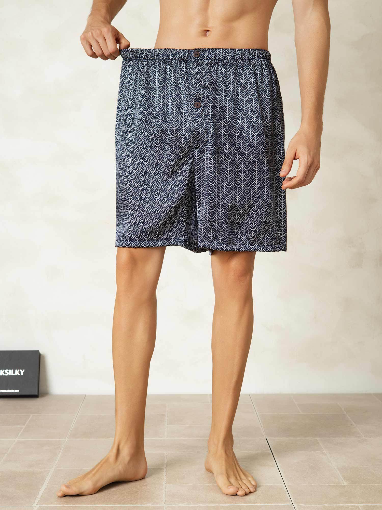 Pure Silk Elastic Waist Navy Ginkgo Print Men's Sleep Shorts - Image 5