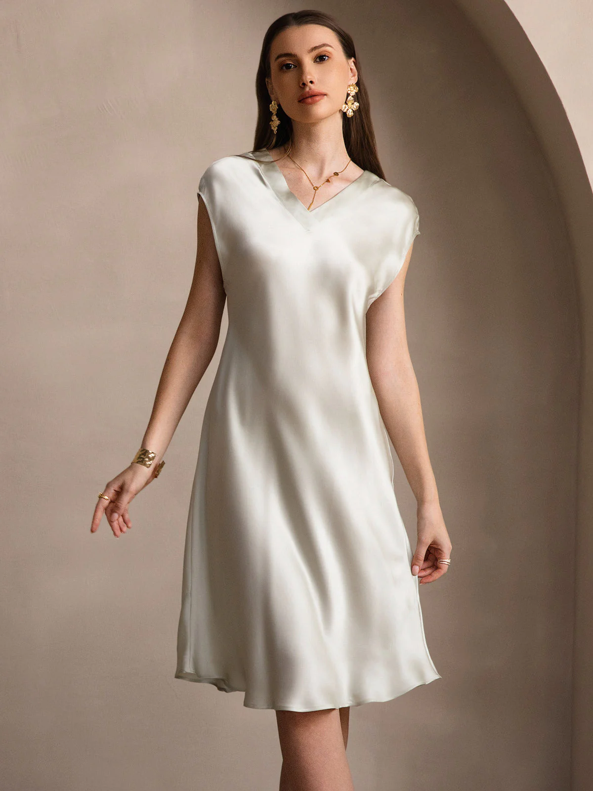 Pure Silk Cap Sleeve V-neck Nightdress - Image 46