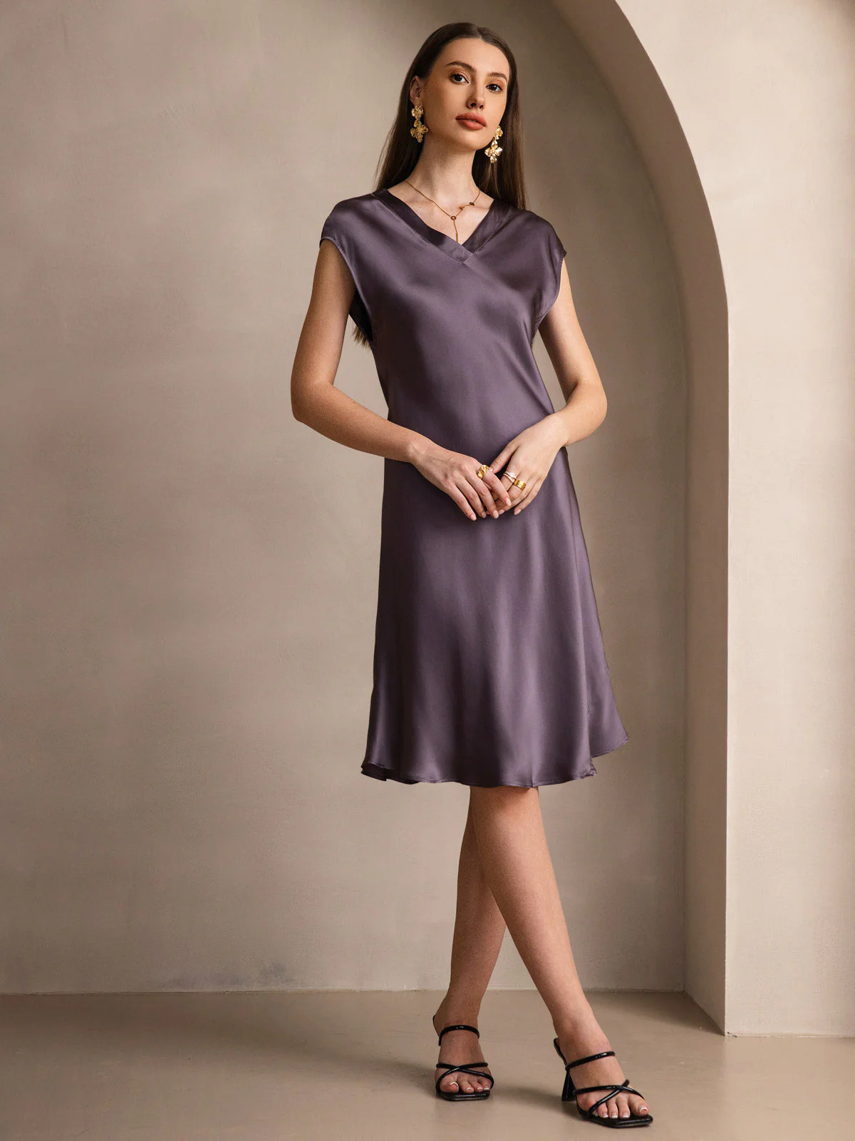 Pure Silk Cap Sleeve V Neck Knee Dress - Image 13