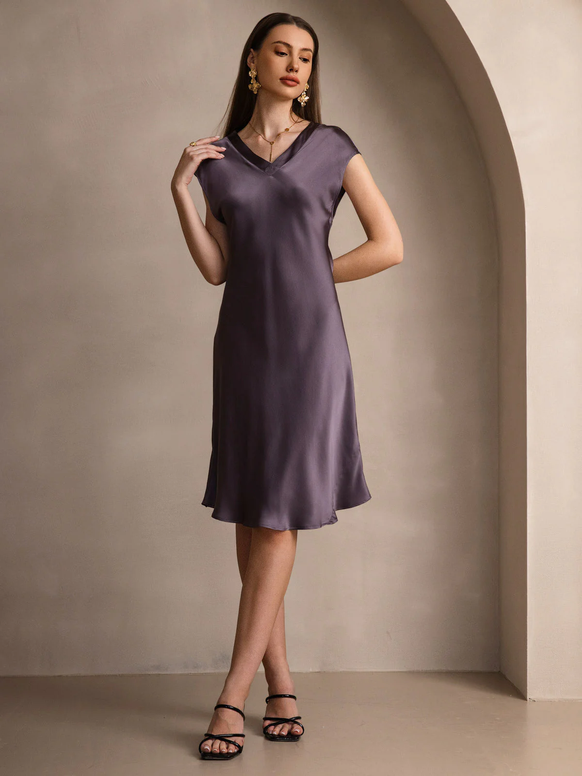 Pure Silk Cap Sleeve V Neck Knee Dress - Image 17