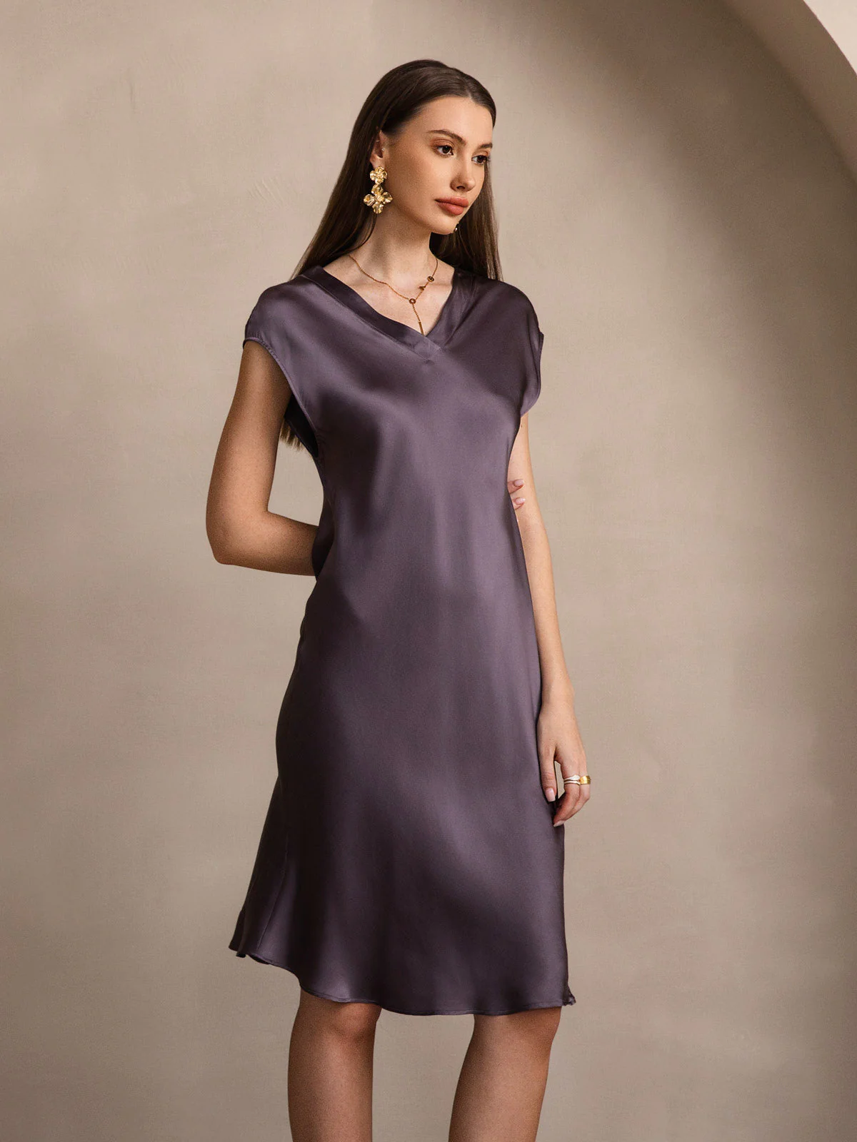 Pure Silk Cap Sleeve V Neck Knee Dress - Image 18