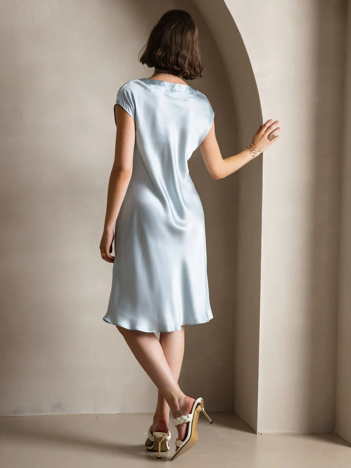 Pure Silk Cap Sleeve V Neck Knee Dress - Image 20