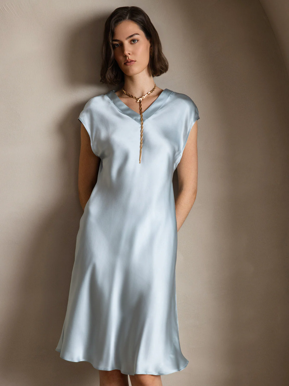 Pure Silk Cap Sleeve V Neck Knee Dress - Image 21