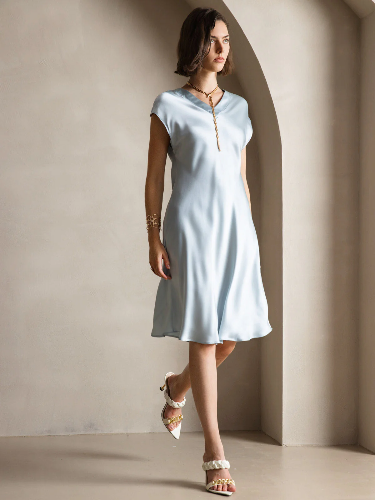Pure Silk Cap Sleeve V Neck Knee Dress - Image 24