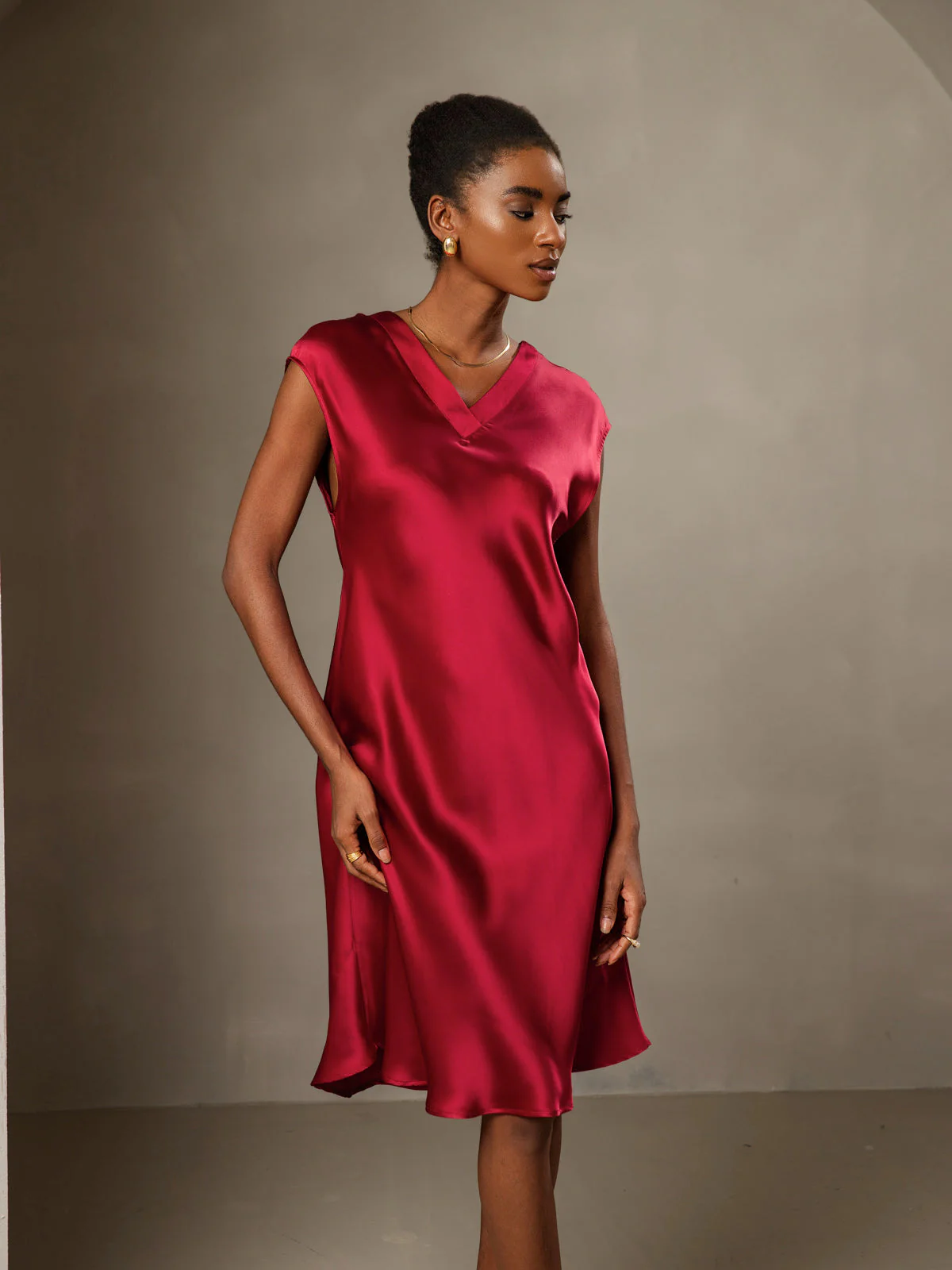 Pure Silk Cap Sleeve V Neck Knee Dress - Image 25