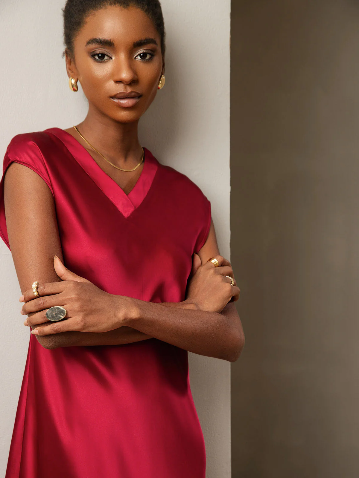 Pure Silk Cap Sleeve V Neck Knee Dress - Image 27