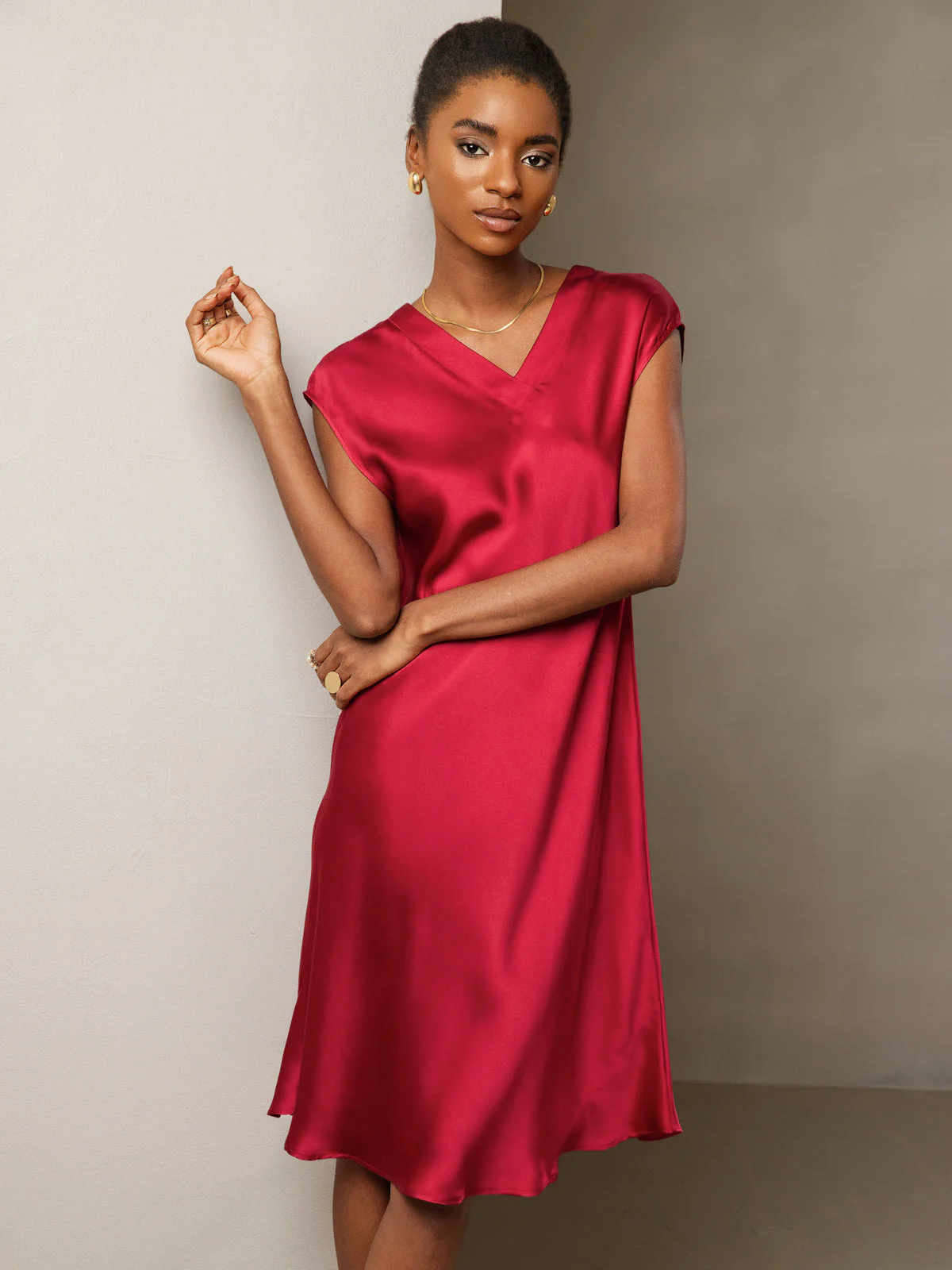 Pure Silk Cap Sleeve V Neck Knee Dress - Image 28
